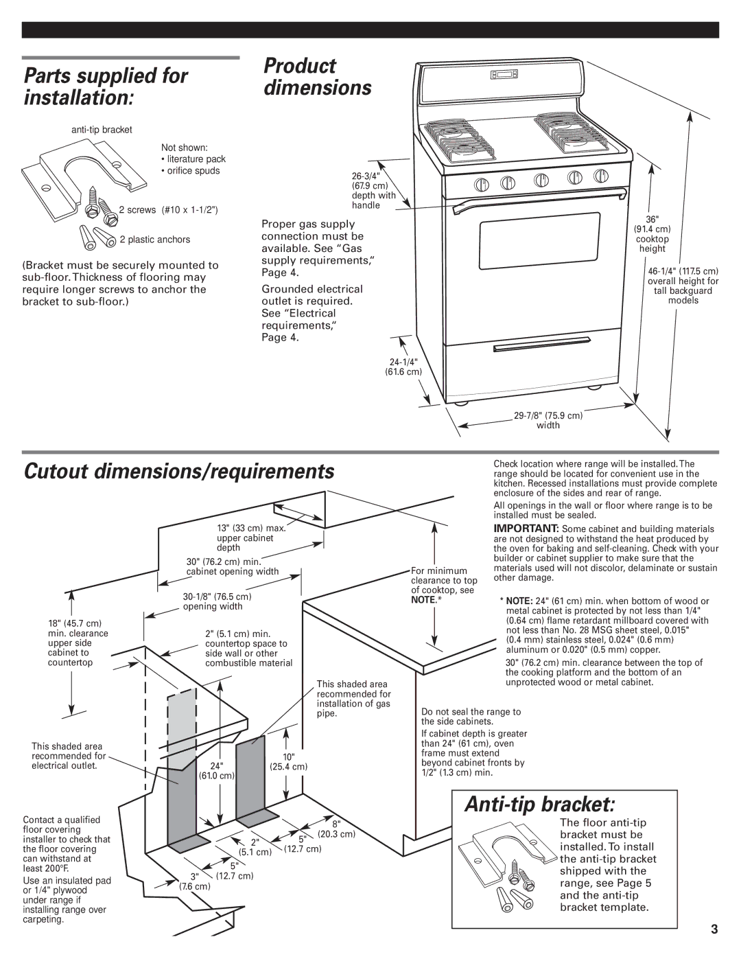 Whirlpool 98015194 Parts supplied for installation, Cutout dimensions/requirements, Anti-tip bracket, Product dimensions 