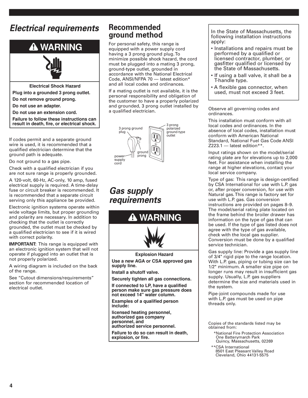 Whirlpool 98015194 installation instructions Electrical requirements, Gas supply requirements 