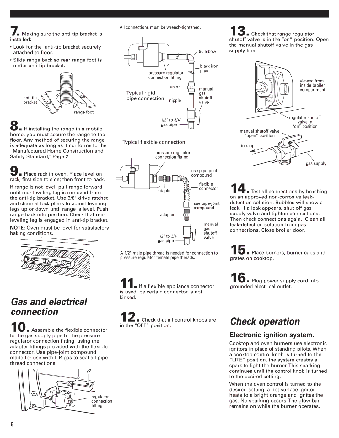 Whirlpool 98015194 installation instructions Check operation, Gas and electrical connection 