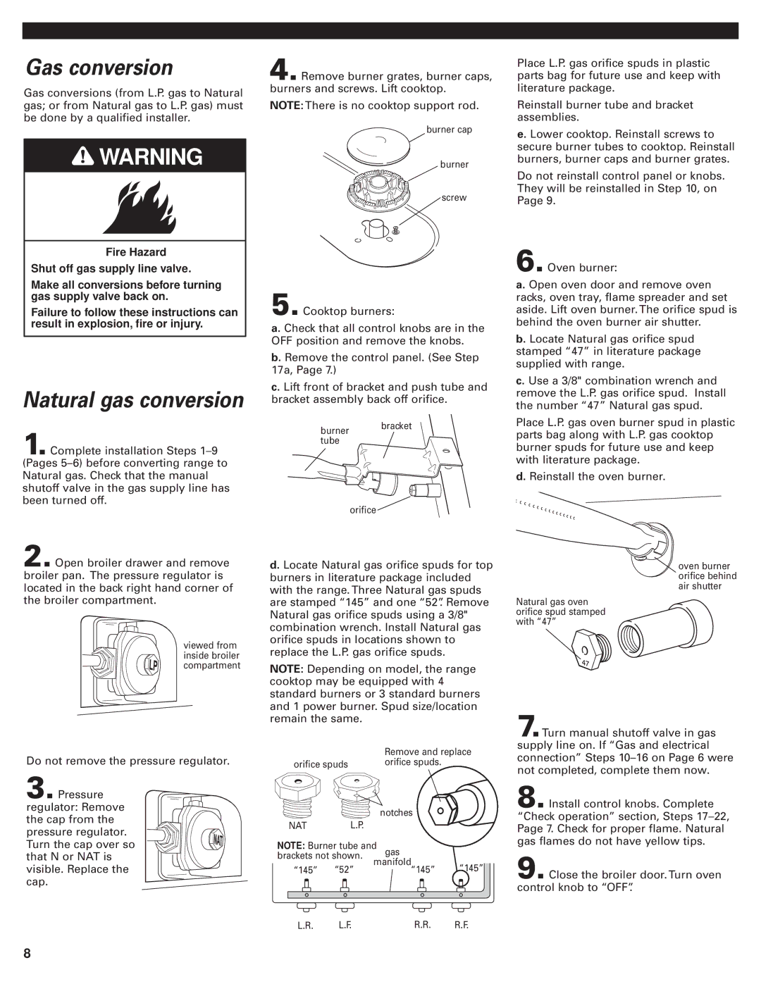 Whirlpool 98015194 installation instructions Gas conversion, Natural gas conversion 