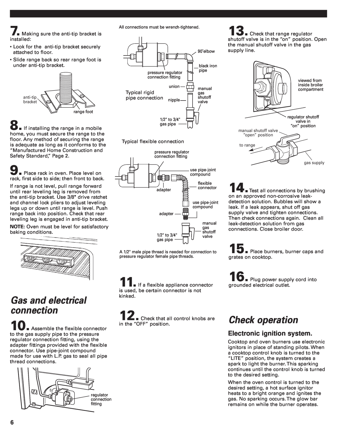 Whirlpool 98015194 installation instructions Check operation, Gas and electrical connection 
