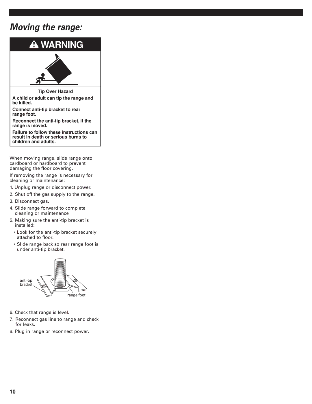 Whirlpool 98015195 installation instructions Moving the range 