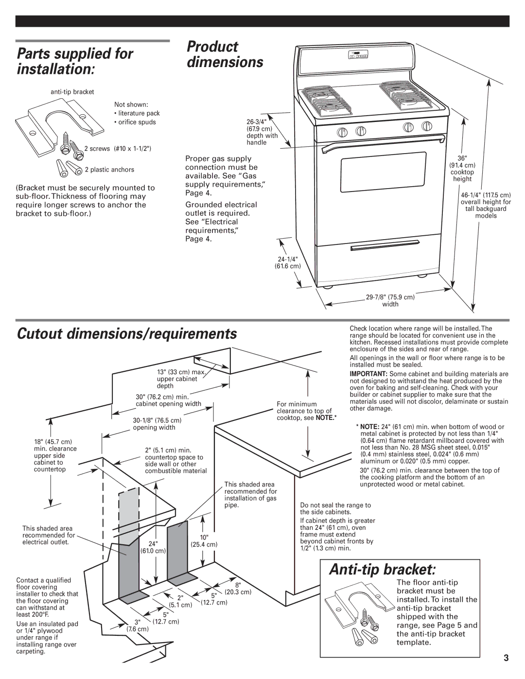 Whirlpool 98015195 Parts supplied for installation, Cutout dimensions/requirements, Anti-tip bracket, Product dimensions 