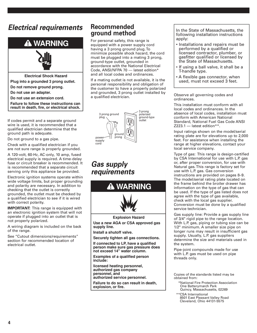 Whirlpool 98015195 installation instructions Electrical requirements, Gas supply requirements 