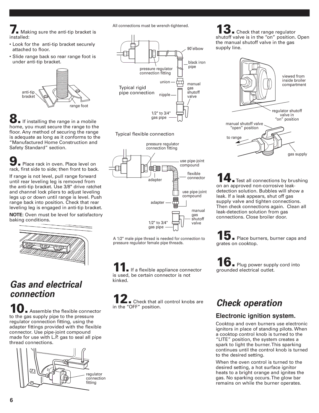 Whirlpool 98015195 installation instructions Check operation, Gas and electrical connection 