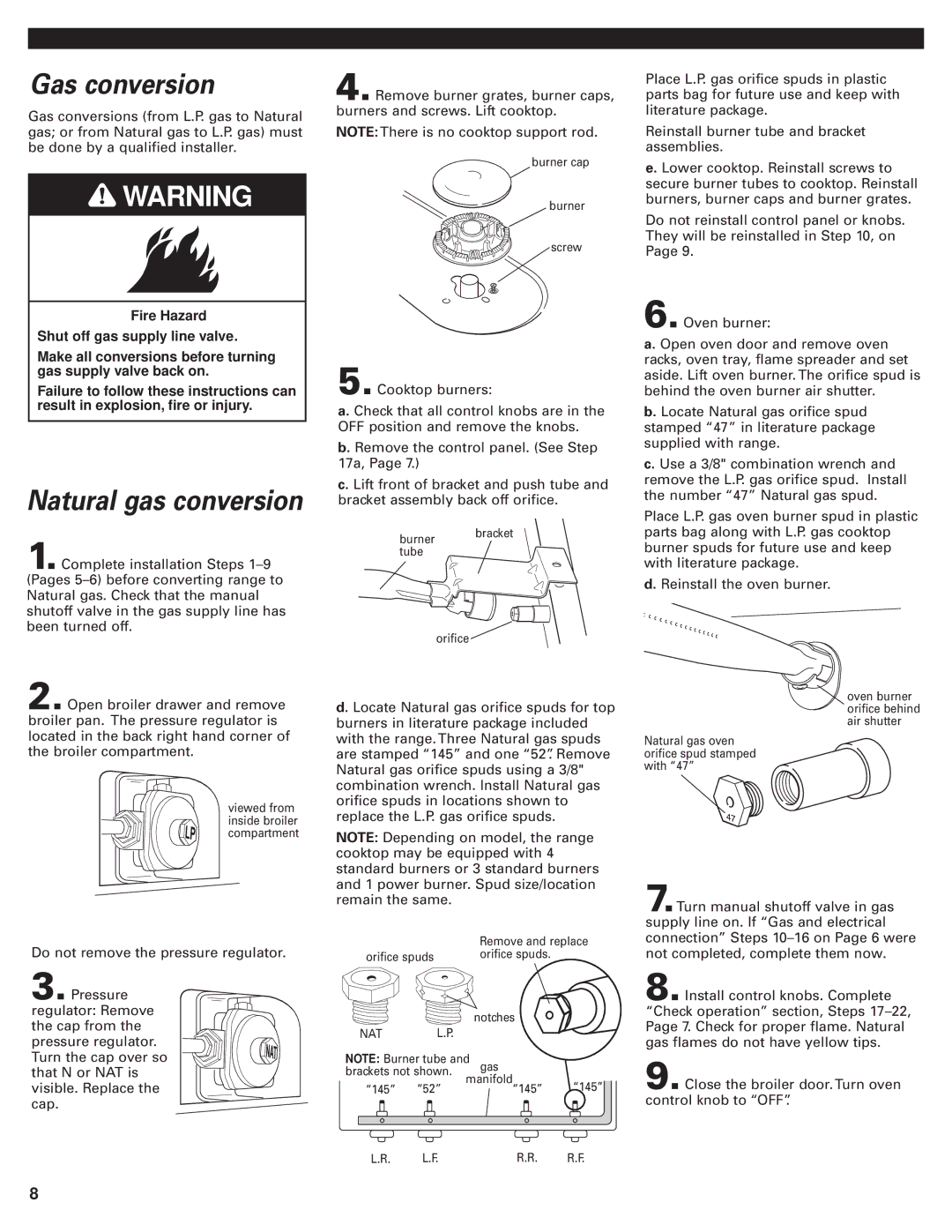 Whirlpool 98015195 installation instructions Gas conversion, Natural gas conversion 