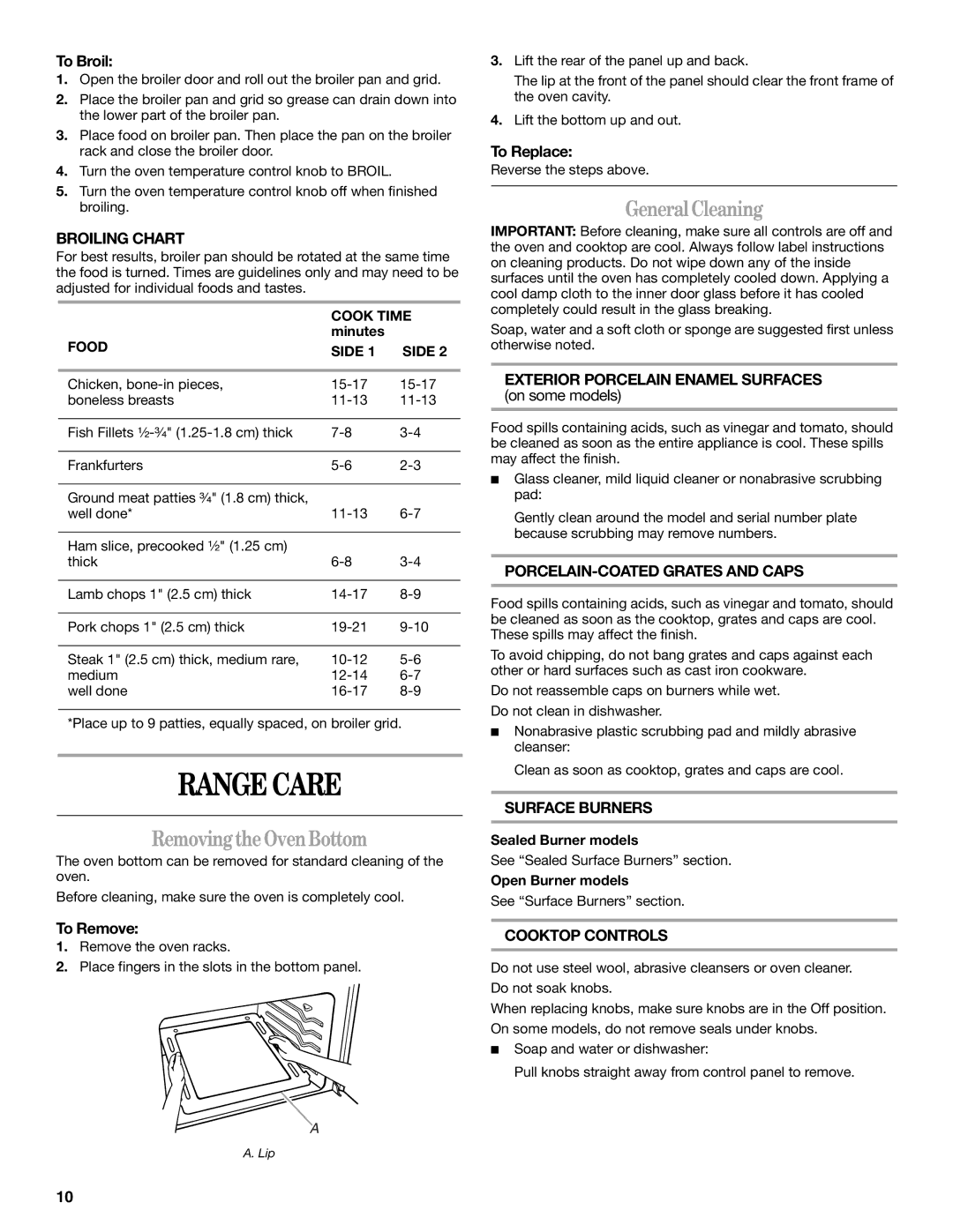 Whirlpool 98017488 manual Range Care, Removing the Oven Bottom, General Cleaning 