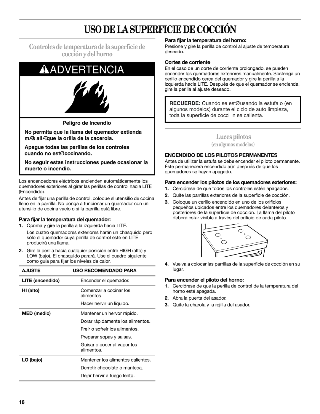 Whirlpool 98017488 manual USO DE LA Superficie DE Cocción, Cocción y del horno, Luces pilotos 