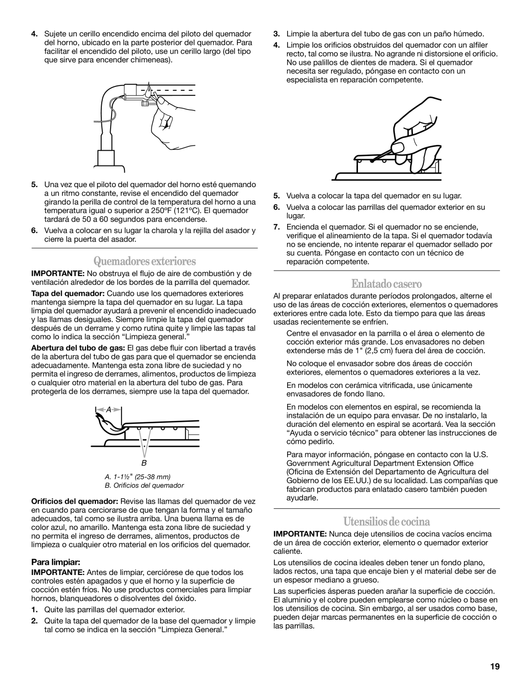 Whirlpool 98017488 manual Quemadores exteriores, Enlatado casero, Utensilios de cocina, Para limpiar 