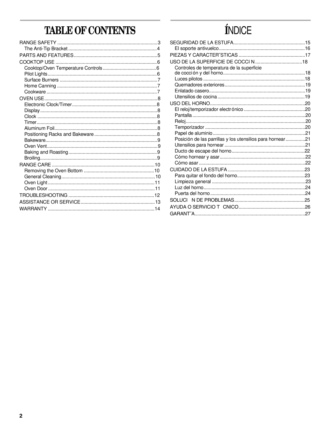 Whirlpool 98017488 manual Table of Contents 