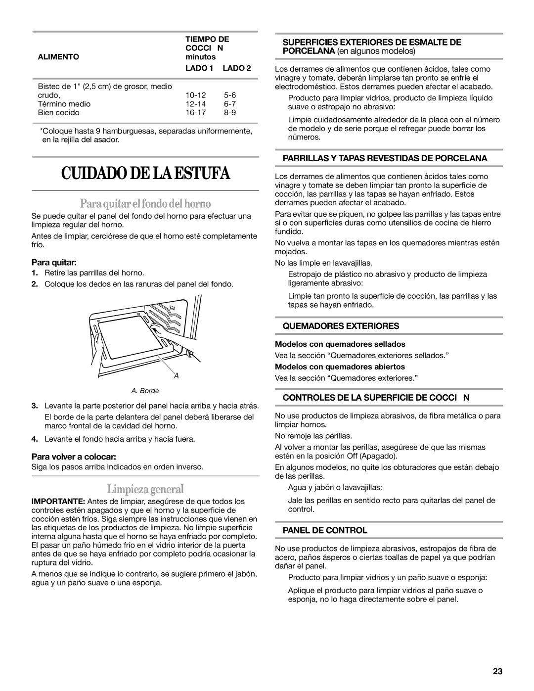 Whirlpool 98017488 manual Para quitar el fondo del horno, Limpieza general 