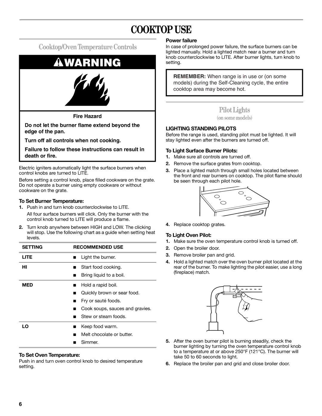 Whirlpool 98017488 manual Cooktop USE, Cooktop/Oven Temperature Controls, Pilot Lights, Lighting Standing Pilots 