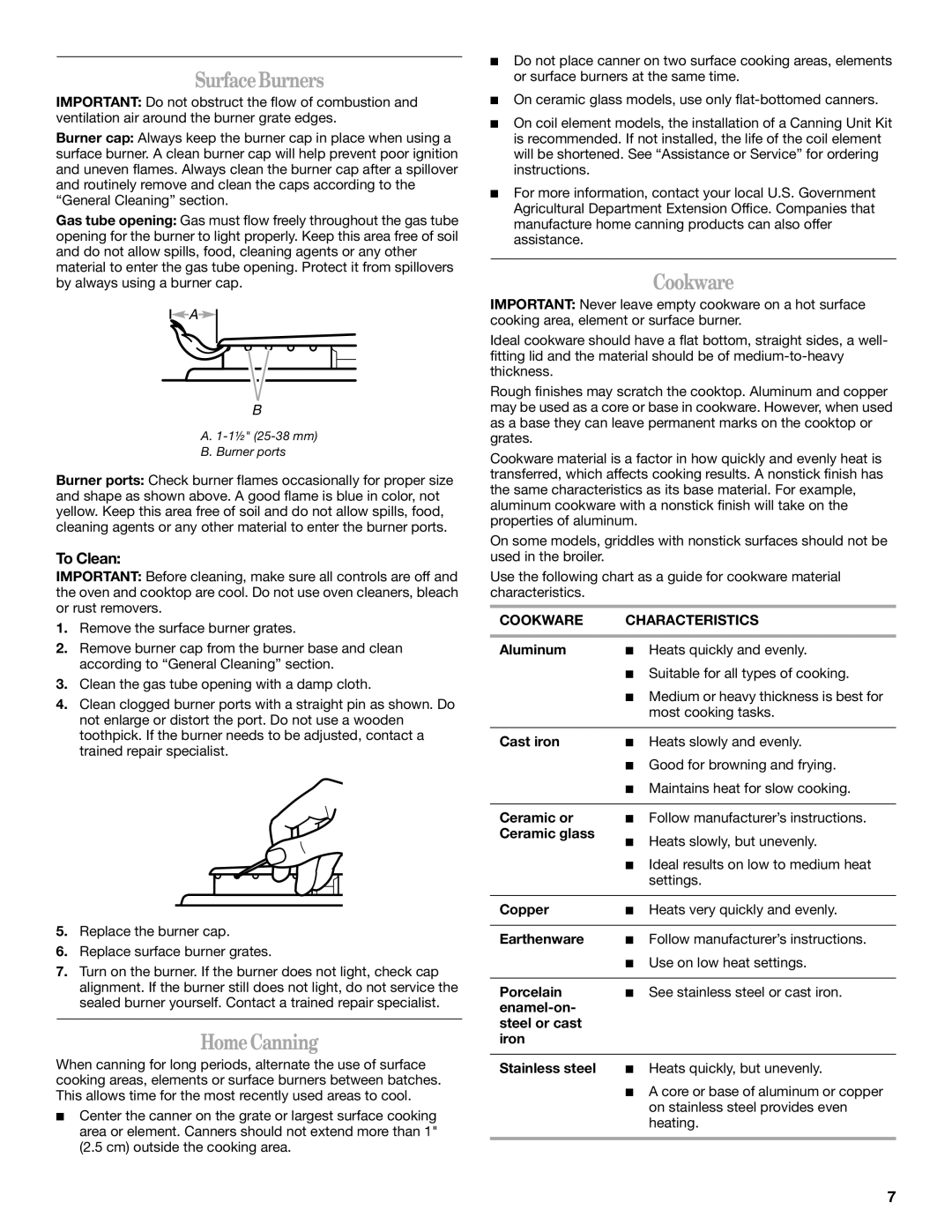 Whirlpool 98017488 manual Surface Burners, Home Canning, To Clean, Cookware Characteristics 