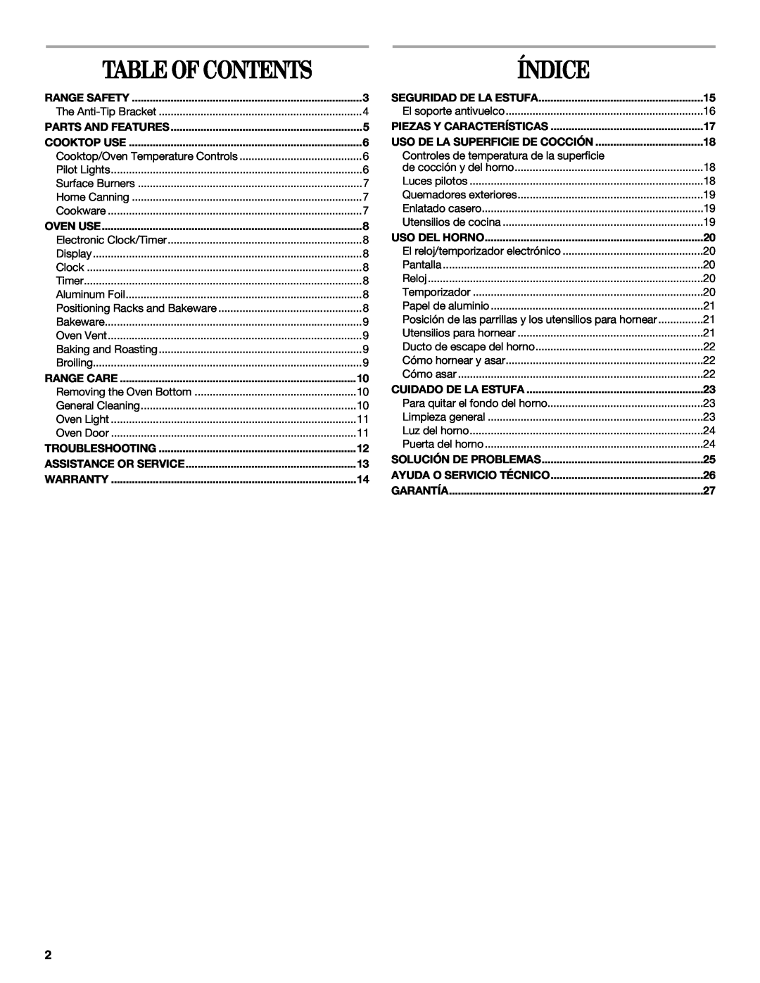 Whirlpool 98017488 manual Table Of Contents, Índice 