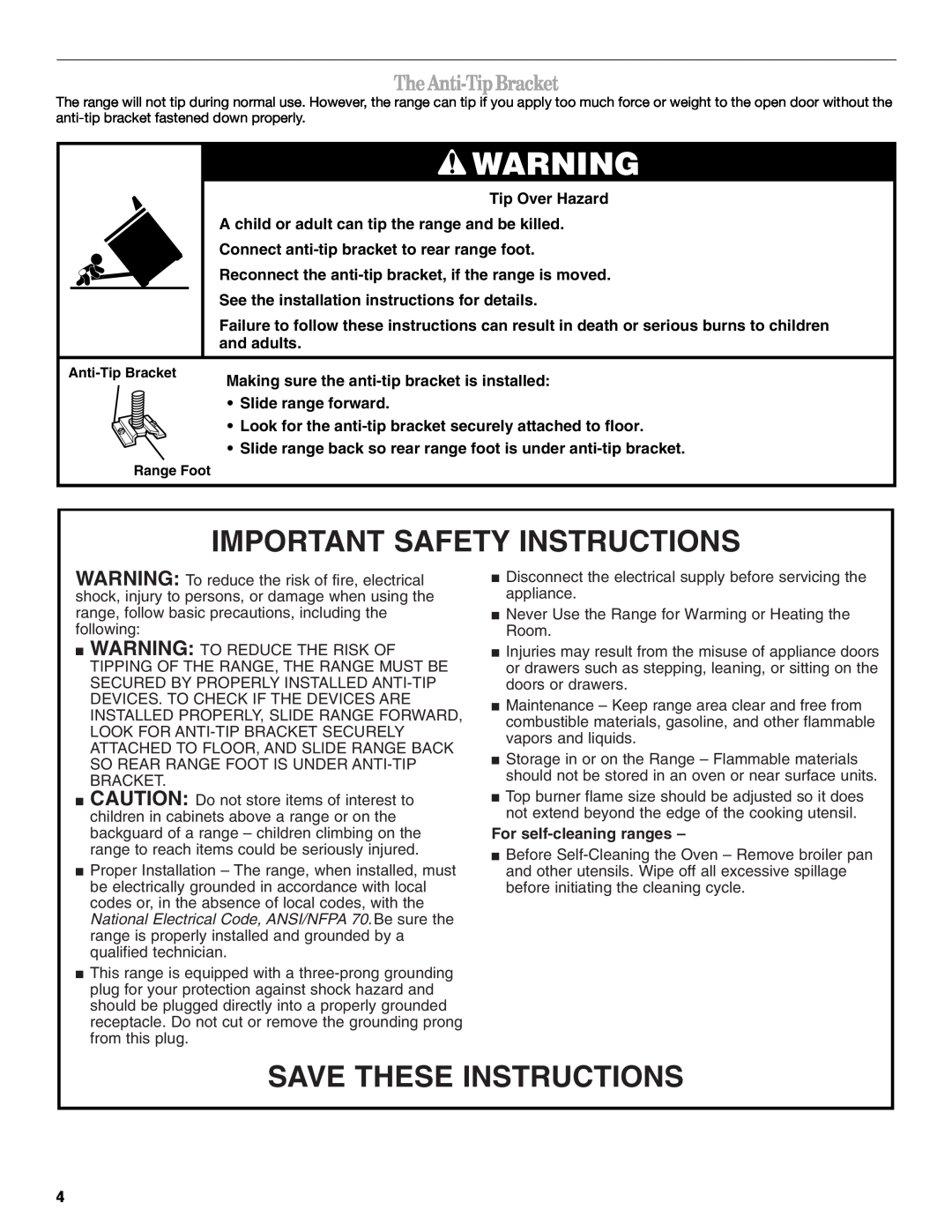 Whirlpool 98017488 Important Safety Instructions, Save These Instructions, The Anti-Tip Bracket, For self-cleaning ranges 