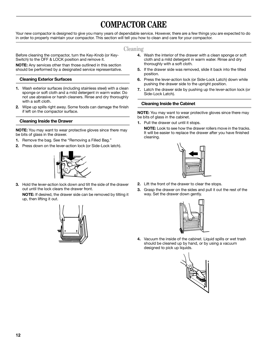 Whirlpool 9872208 Compactor Care, Cleaning Exterior Surfaces, Cleaning Inside the Drawer, Cleaning Inside the Cabinet 