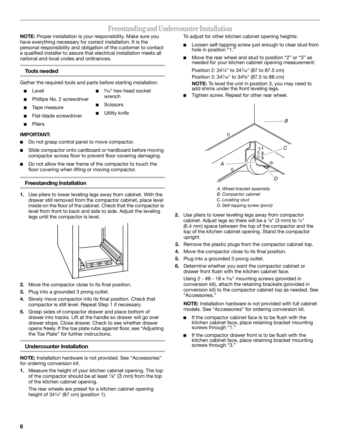 Whirlpool 9872208 manual Freestanding and Undercounter Installation, Tools needed, Freestanding Installation 