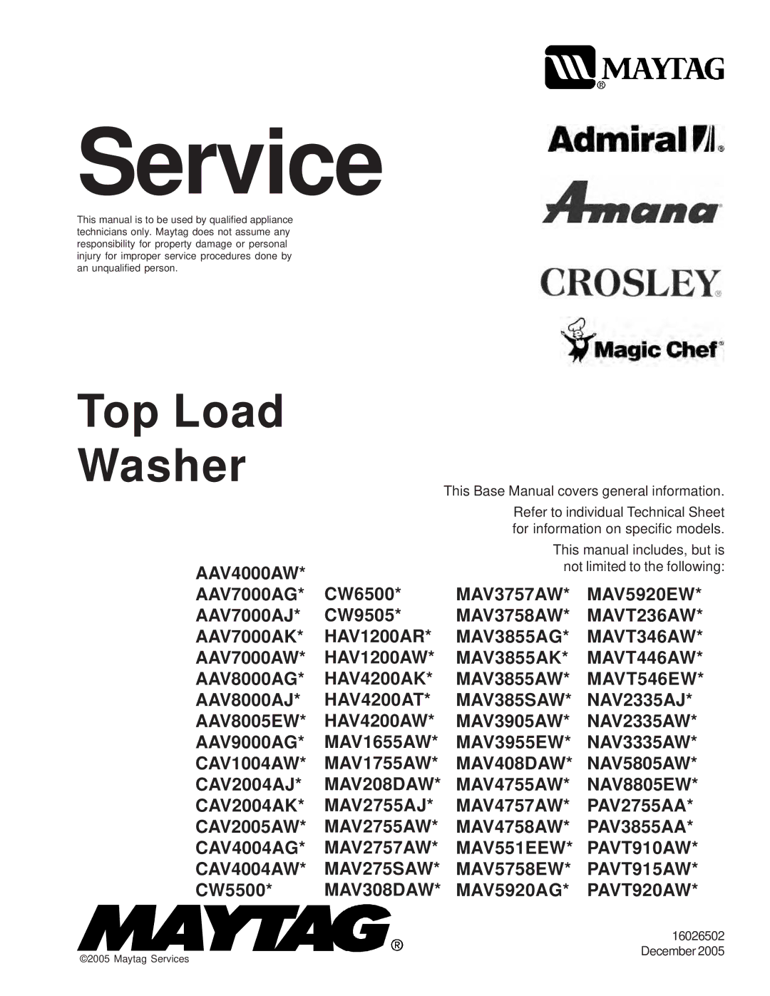 Whirlpool AAV4000AW manual Service 