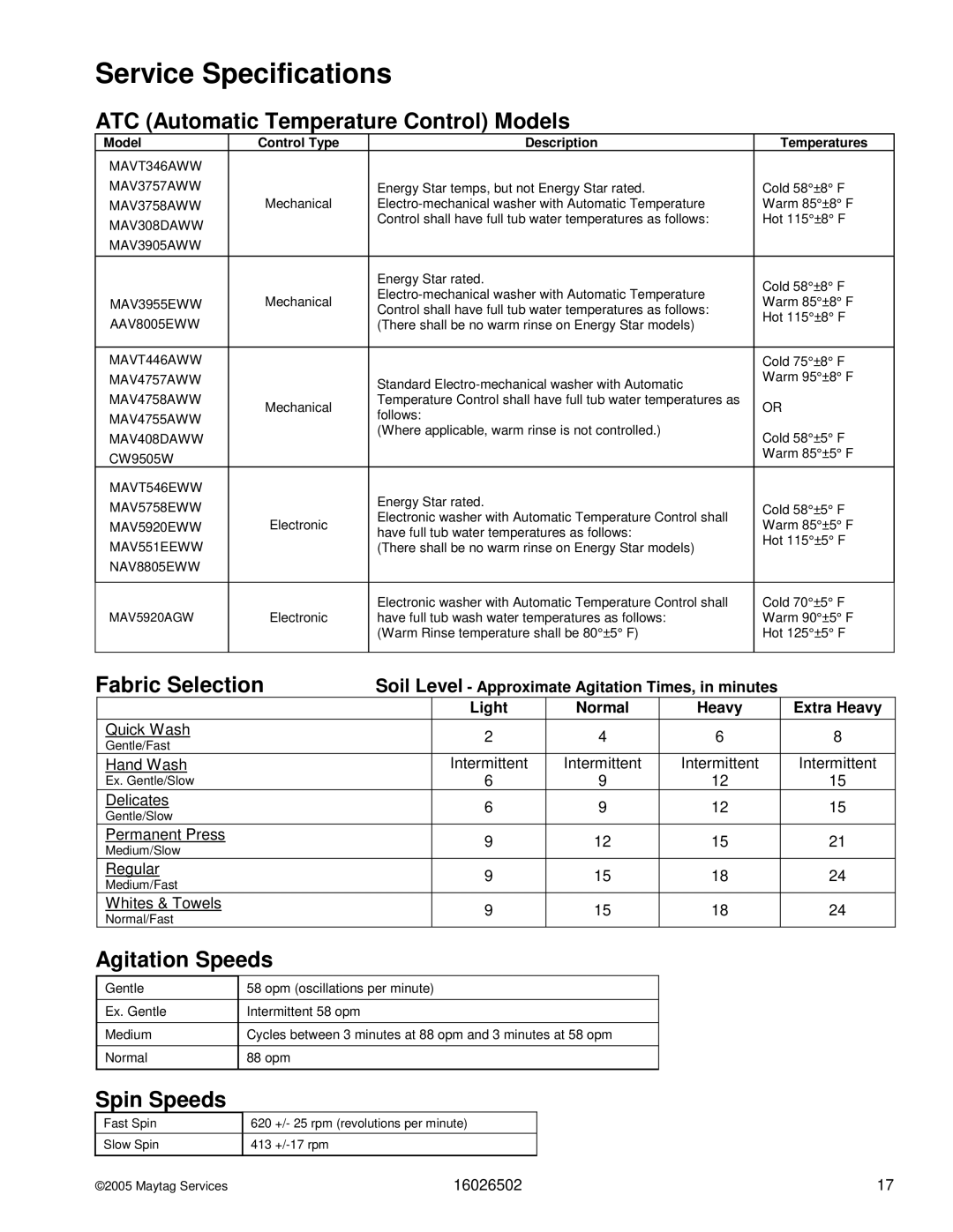 Whirlpool AAV4000AW manual Service Specifications 