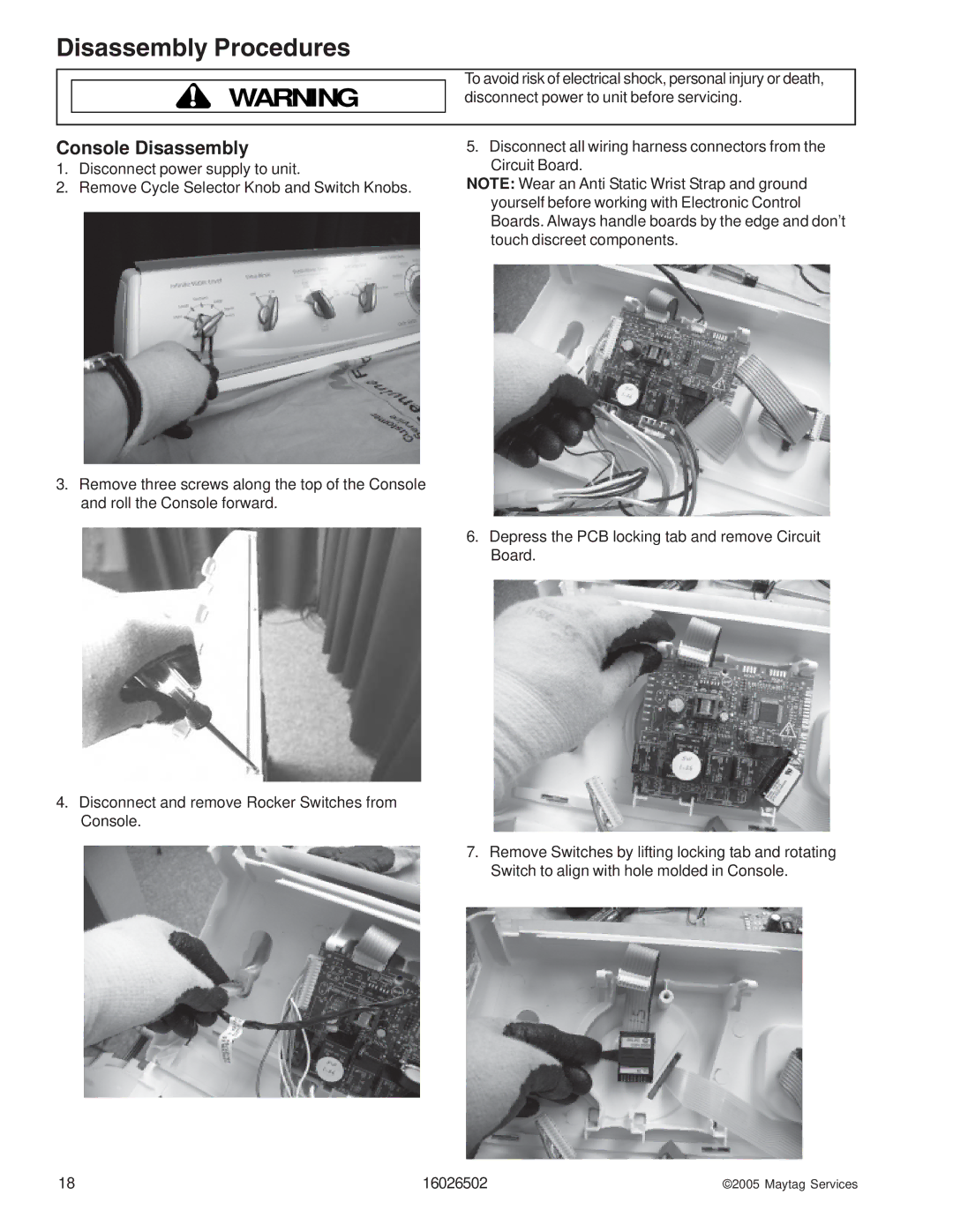 Whirlpool AAV4000AW manual Disassembly Procedures, Console Disassembly 