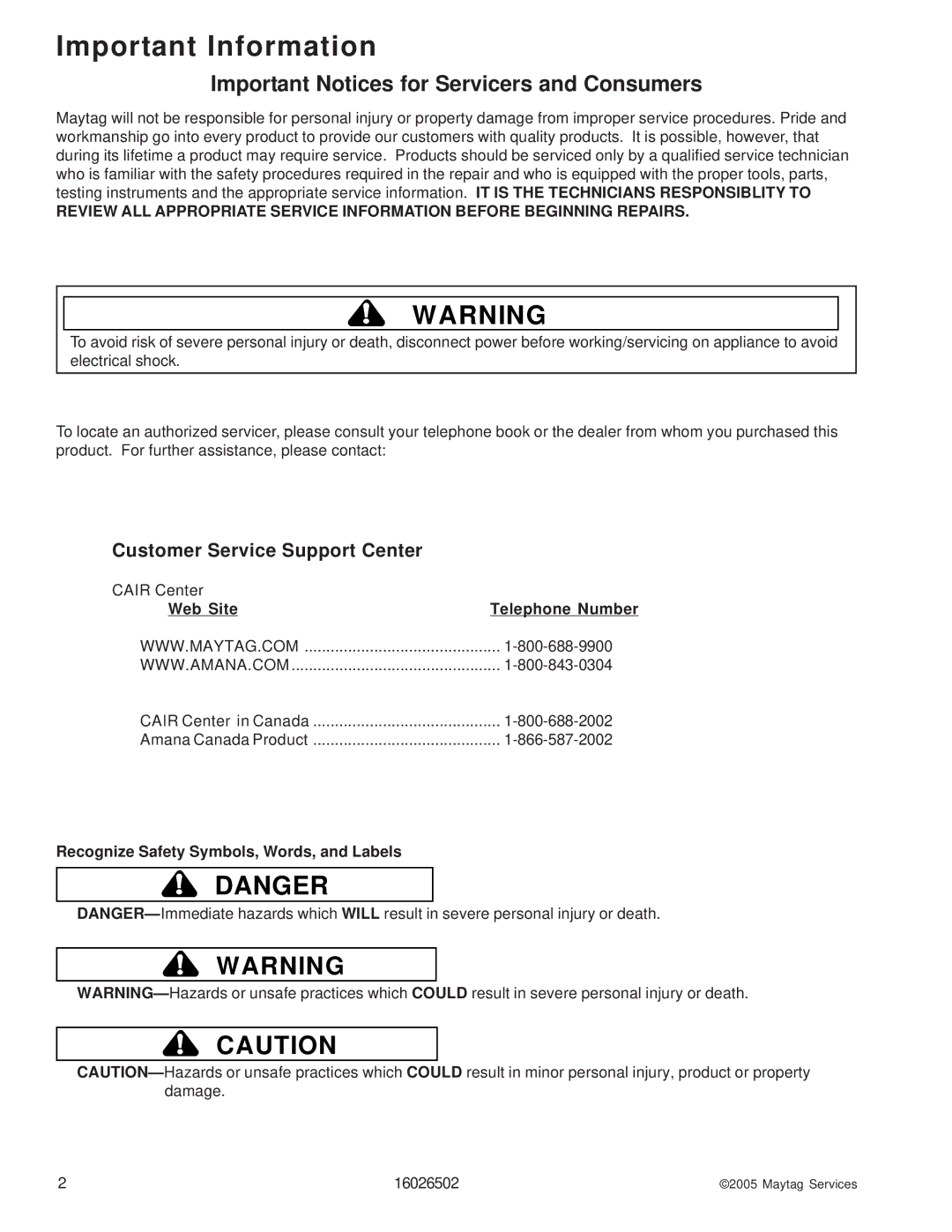 Whirlpool AAV4000AW manual Important Information, Customer Service Support Center 