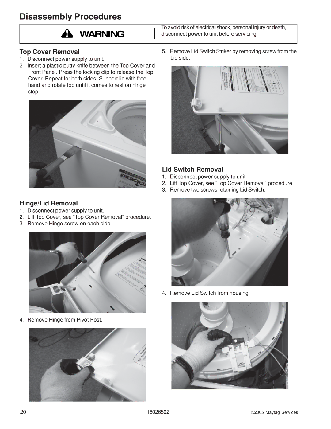 Whirlpool AAV4000AW manual Top Cover Removal, Hinge/Lid Removal, Lid Switch Removal 