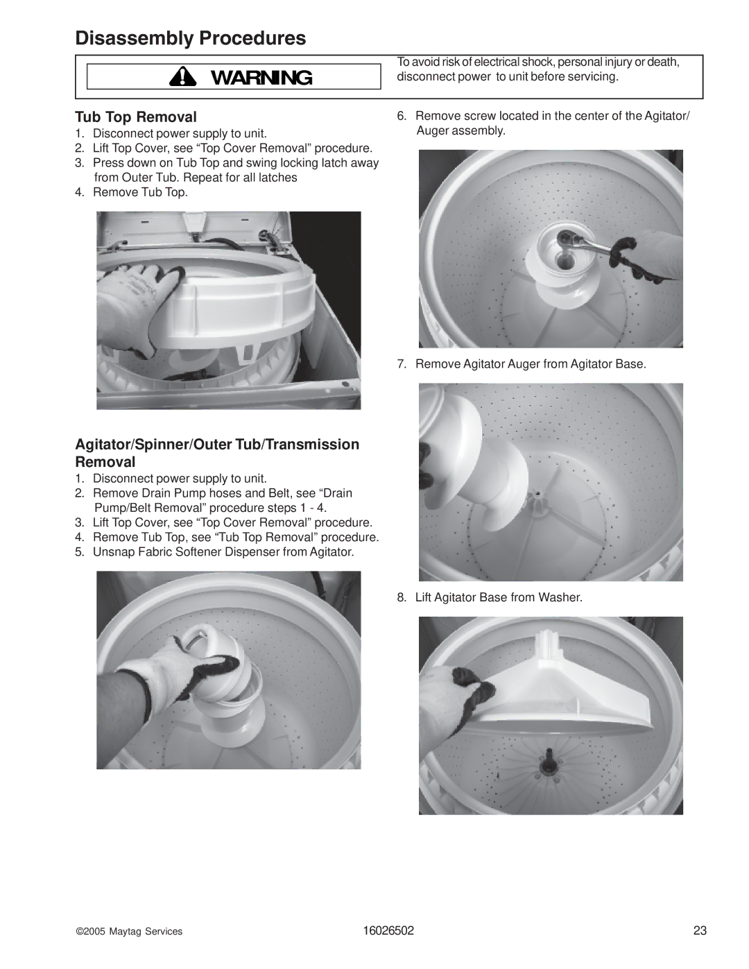 Whirlpool AAV4000AW manual Tub Top Removal, Agitator/Spinner/Outer Tub/Transmission Removal 