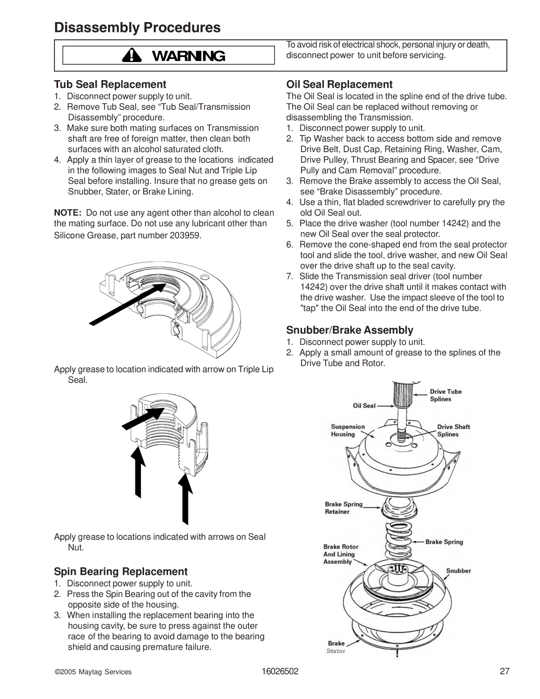 Whirlpool AAV4000AW manual Tub Seal Replacement, Spin Bearing Replacement, Oil Seal Replacement, Snubber/Brake Assembly 