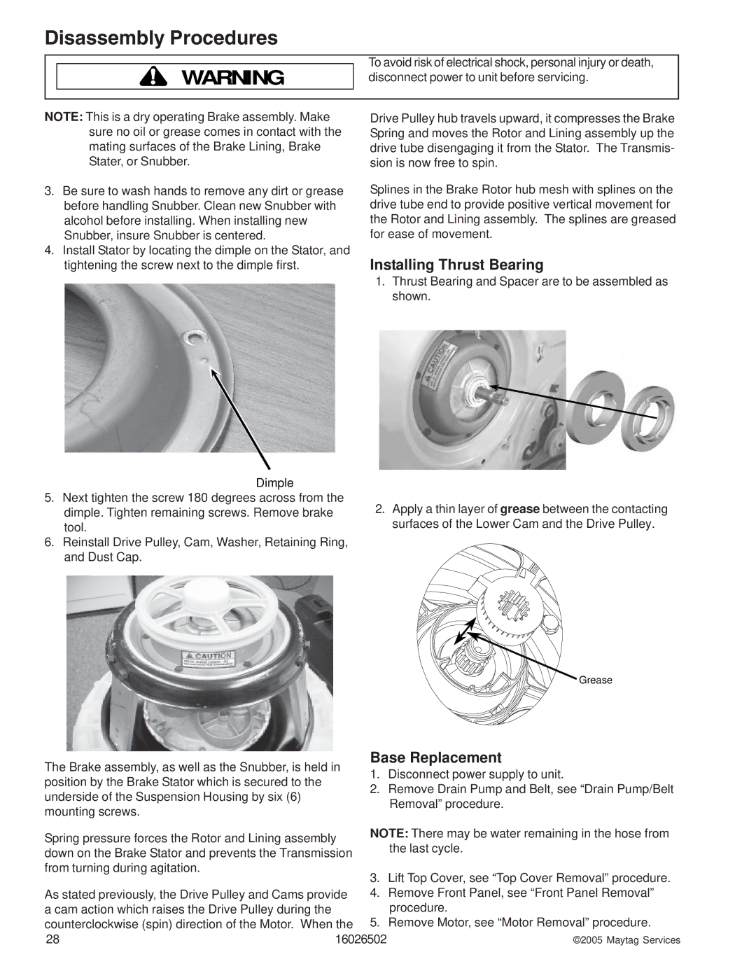 Whirlpool AAV4000AW manual Installing Thrust Bearing, Base Replacement 