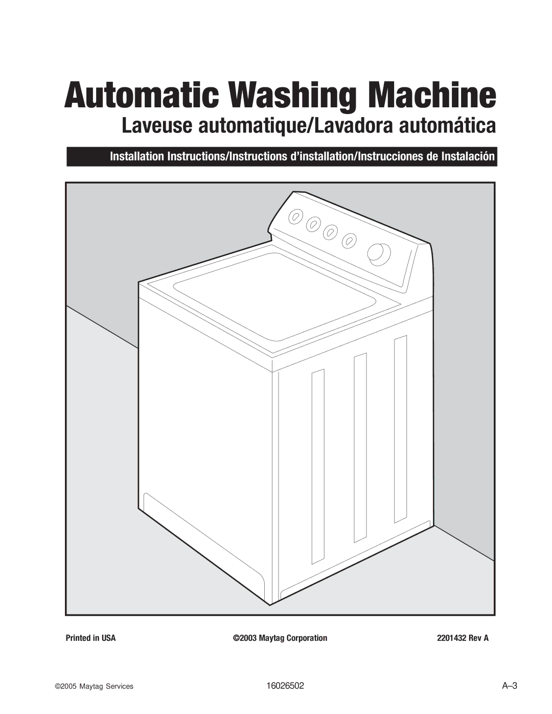 Whirlpool AAV4000AW manual Automatic Washing Machine 