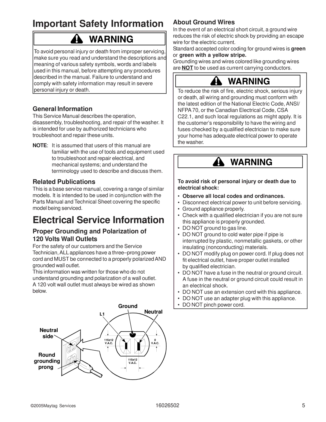 Whirlpool AAV4000AW General Information Related Publications, Proper Grounding and Polarization of 120 Volts Wall Outlets 