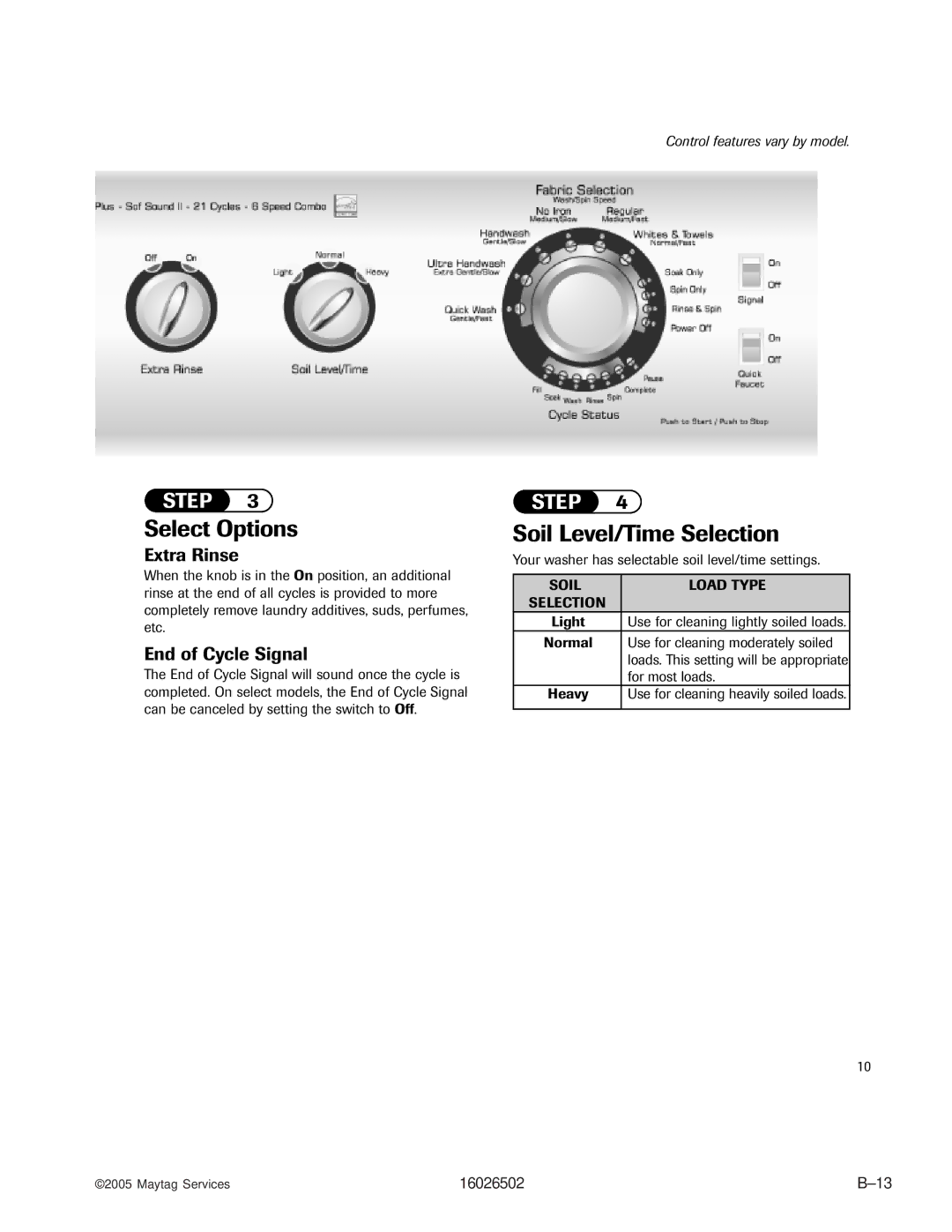 Whirlpool AAV4000AW manual Select Options, Soil Level/Time Selection, End of Cycle Signal 