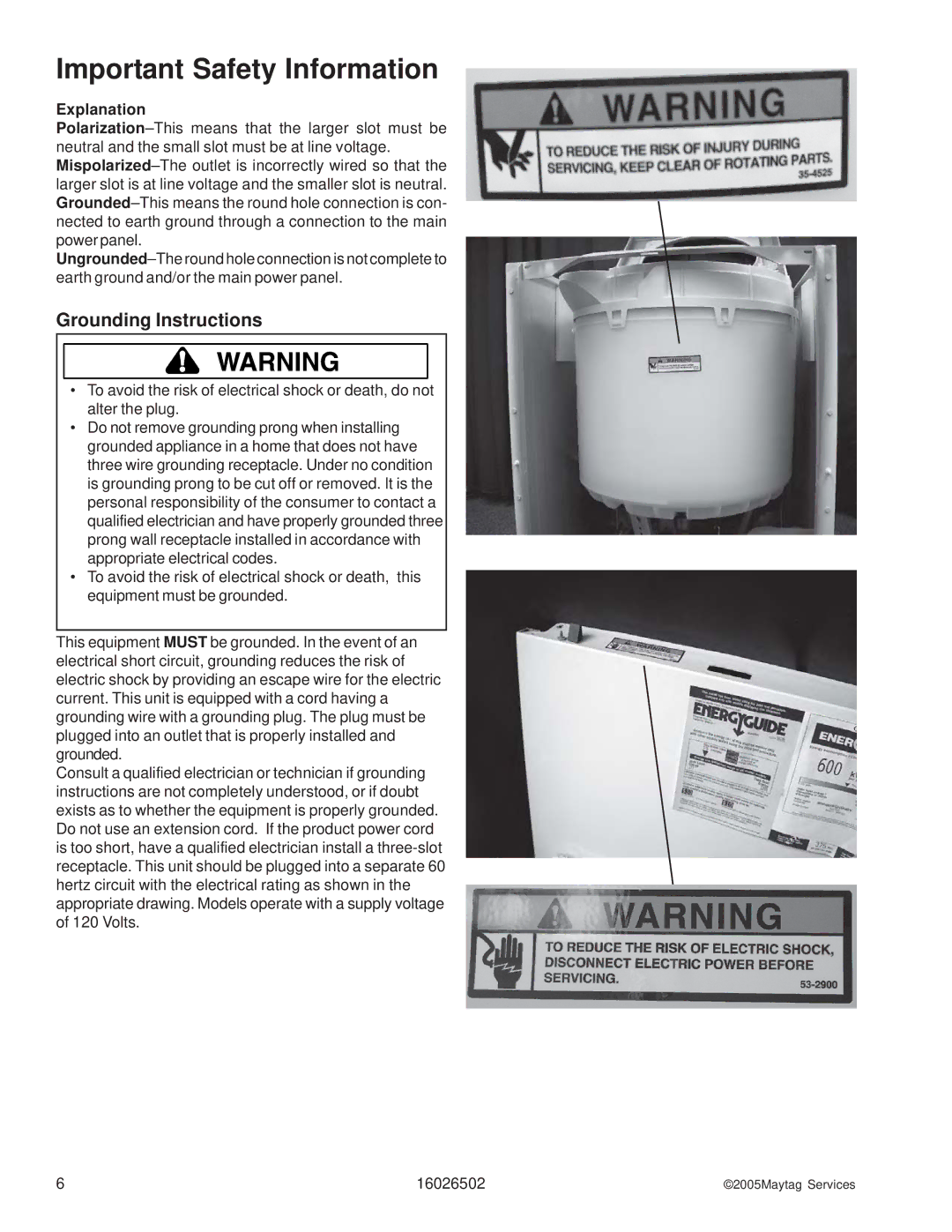 Whirlpool AAV4000AW manual Grounding Instructions, Explanation 