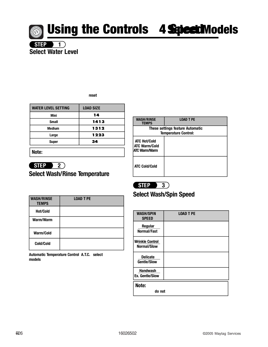 Whirlpool AAV4000AW manual Using the Controls 4 Speed Select Models, Select Wash/Spin Speed 