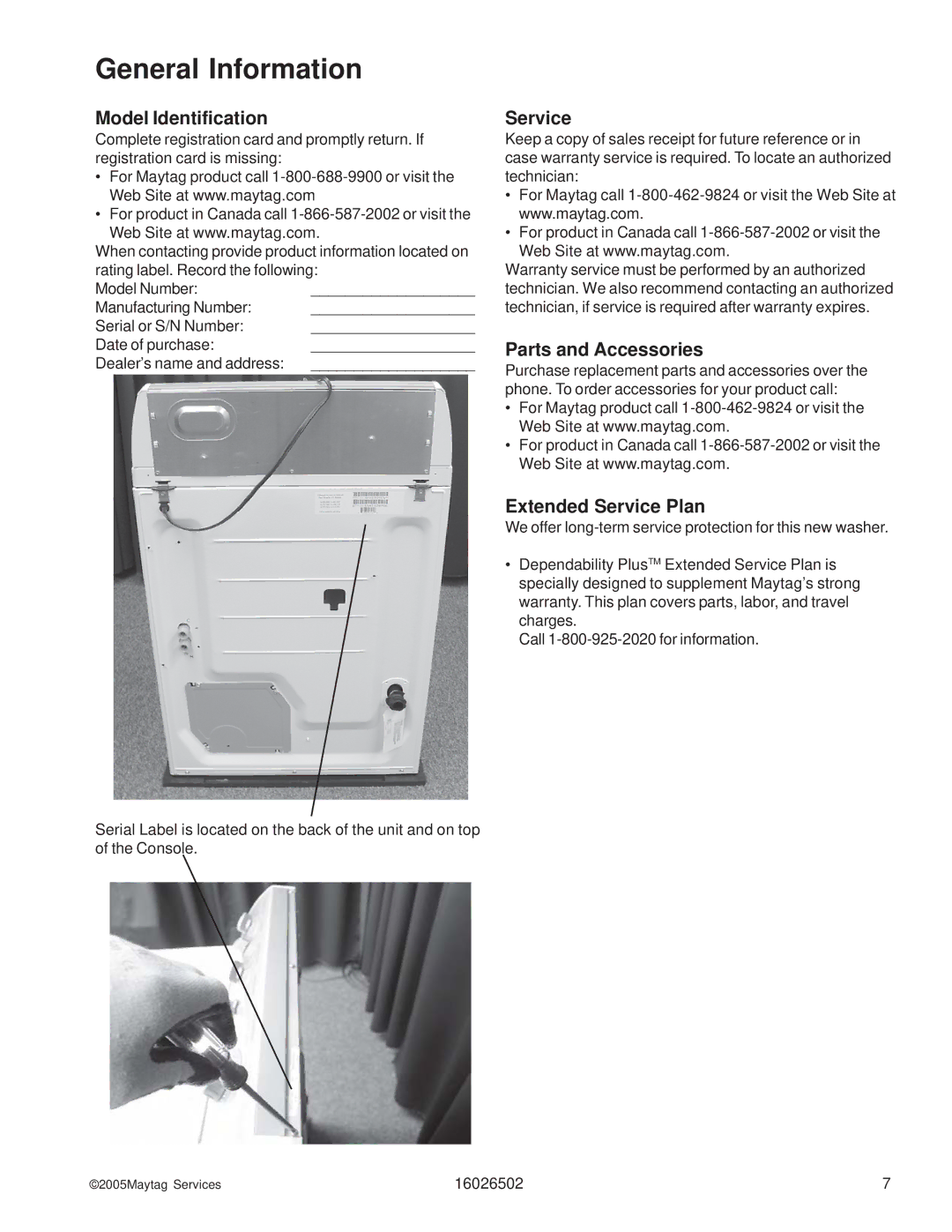 Whirlpool AAV4000AW manual Model Identification, Parts and Accessories, Extended Service Plan 