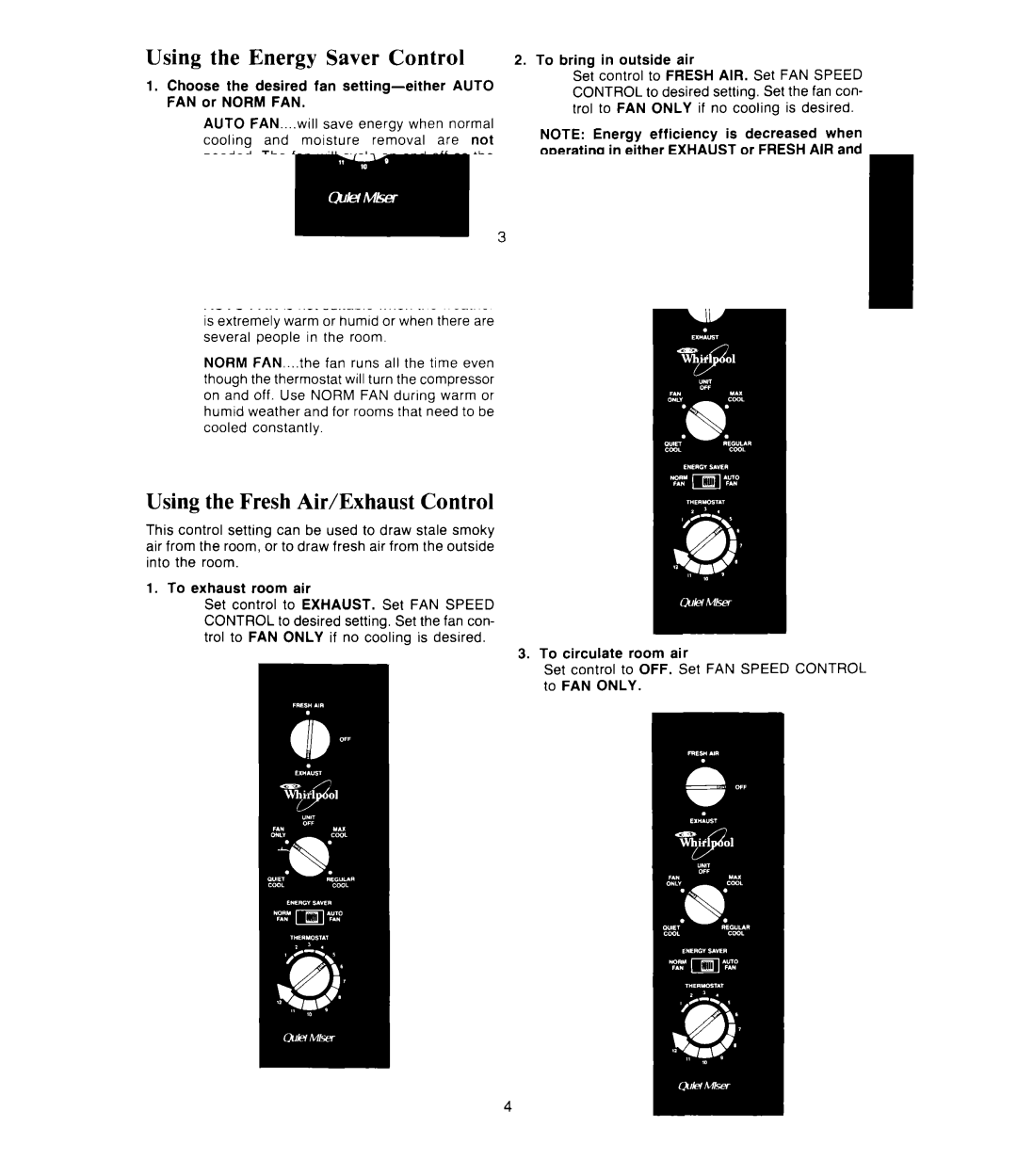 Whirlpool AC1 352 manual Using the Fresh Air/Exhaust Control, Auto 