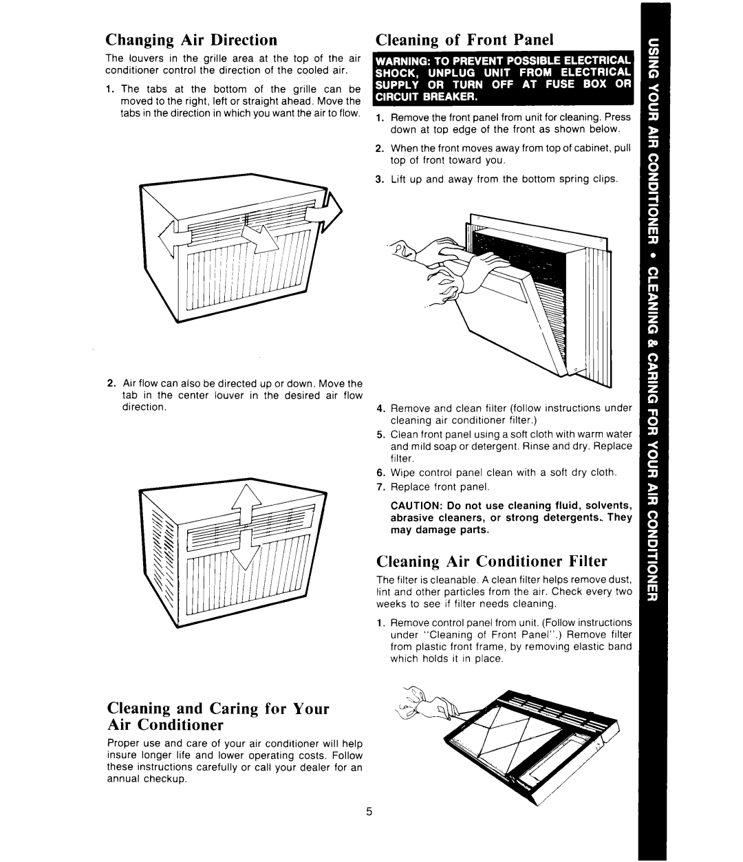 Whirlpool AC1 352 manual Changing Air Direction, Cleaning of Front Panel, Cleaning Air Conditioner Filter 