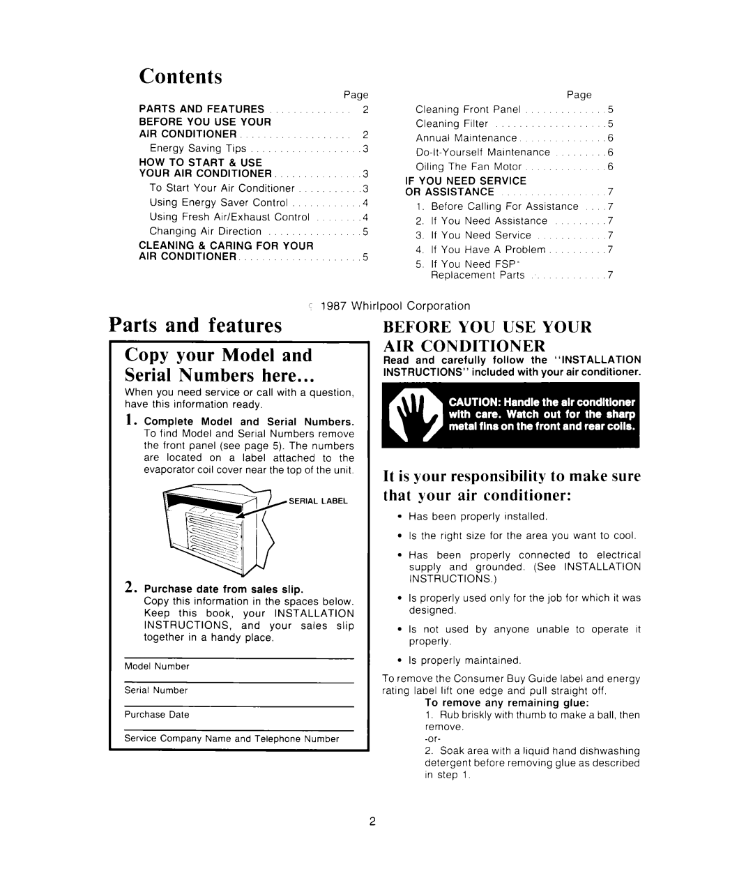Whirlpool AC1 352 manual Contents, Parts and features, Copy your Model and Serial Numbers here 