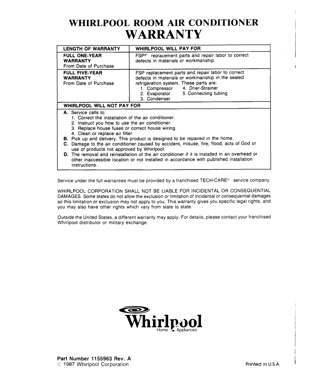 Whirlpool AC1 352 manual Warranty, Whirlpool Room Air Condi’I’Ioner, Whirlnool, Part Number 1155963 Rev. A 
