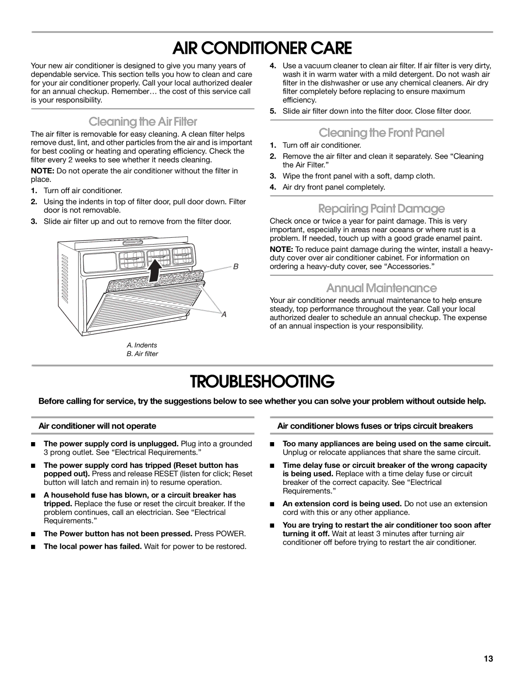 Whirlpool ACC082XR0 manual AIR Conditioner Care, Troubleshooting 