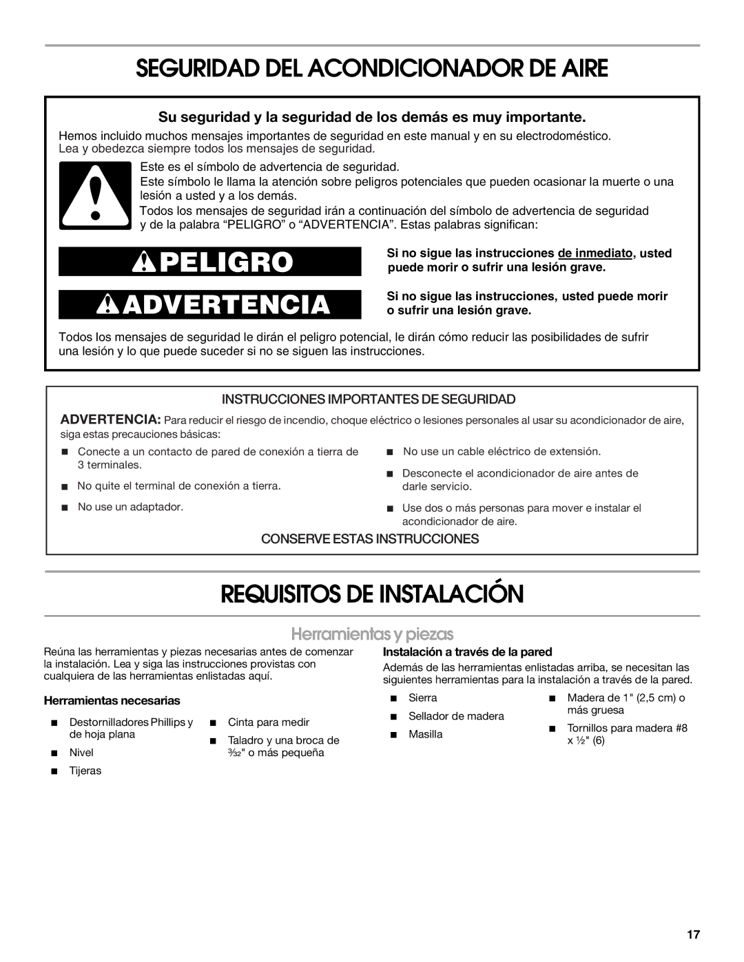 Whirlpool ACC082XR0 manual Seguridad DEL Acondicionador DE Aire, Requisitos DE Instalación, Herramientas y piezas 