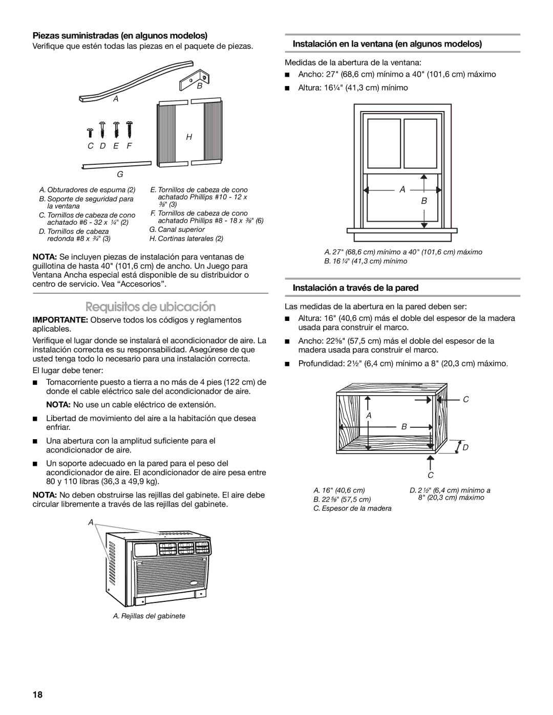 Whirlpool ACC082XR0 manual Requisitos de ubicación, Piezas suministradas en algunos modelos 