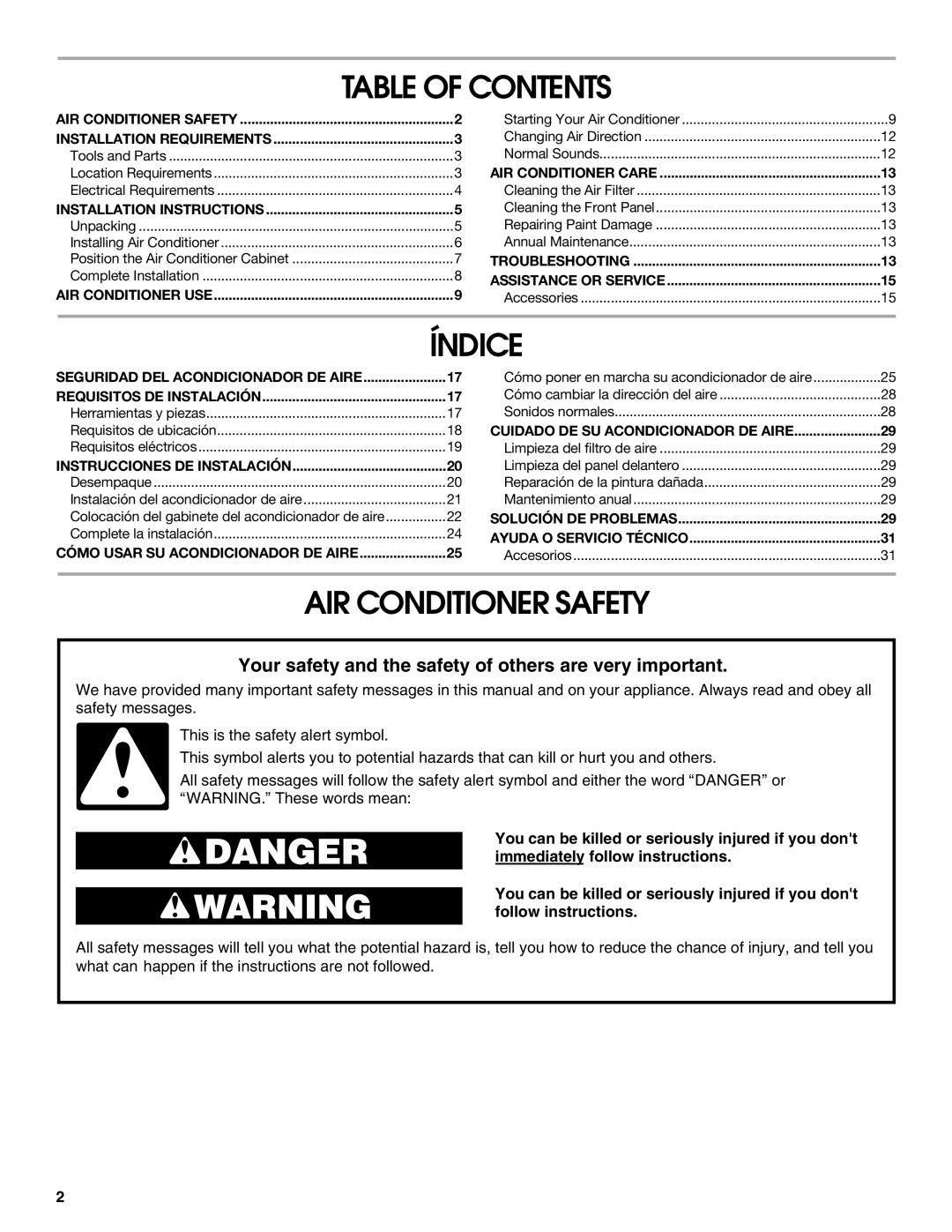 Whirlpool ACC082XR0 manual Table of Contents, Índice, AIR Conditioner Safety 