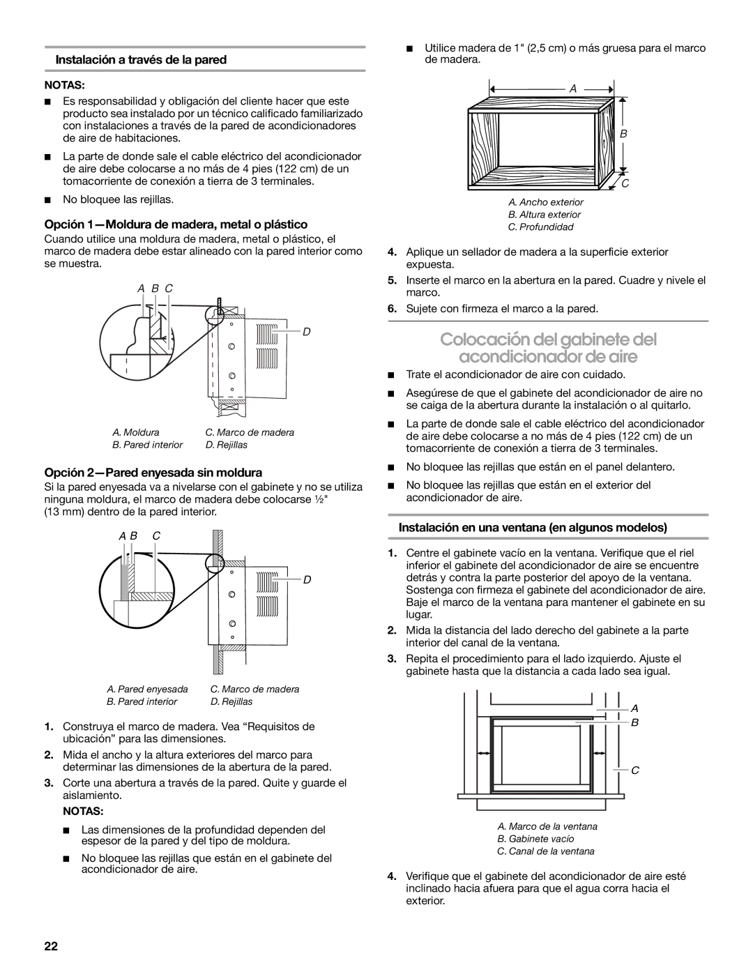 Whirlpool ACC082XR0 manual Colocación del gabinete del Acondicionador de aire, Opción 1-Moldura de madera, metal o plástico 