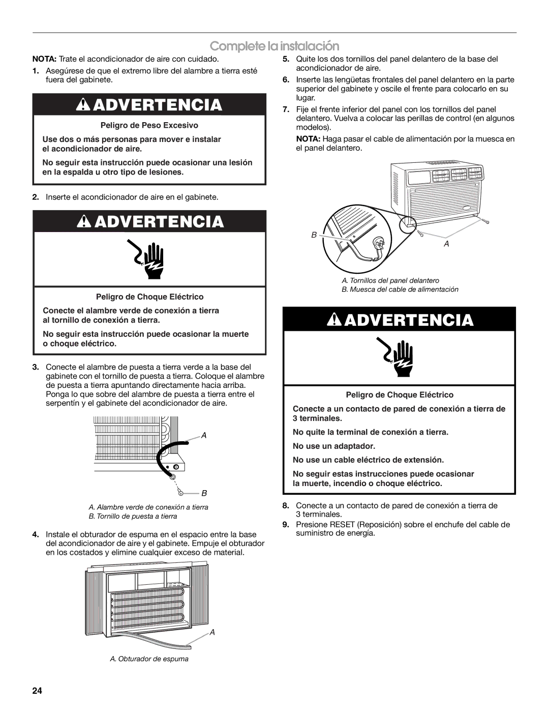 Whirlpool ACC082XR0 manual Complete la instalación 