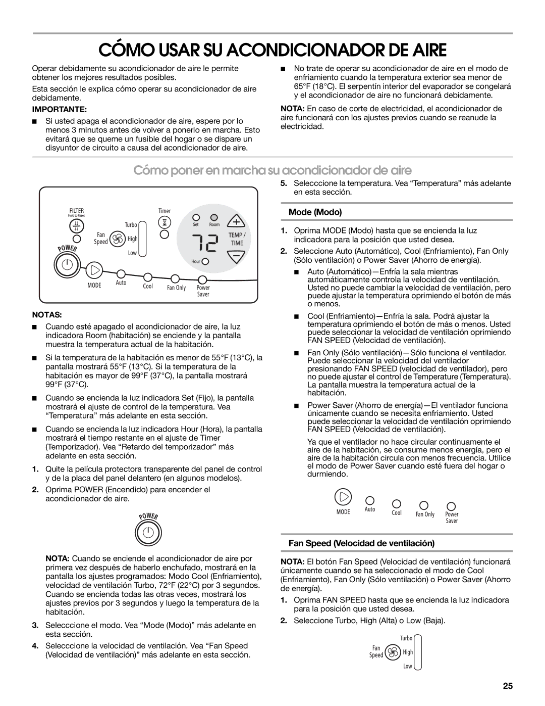 Whirlpool ACC082XR0 manual Cómo Usar SU Acondicionador DE Aire, Cómo poner en marcha su acondicionador de aire, Mode Modo 