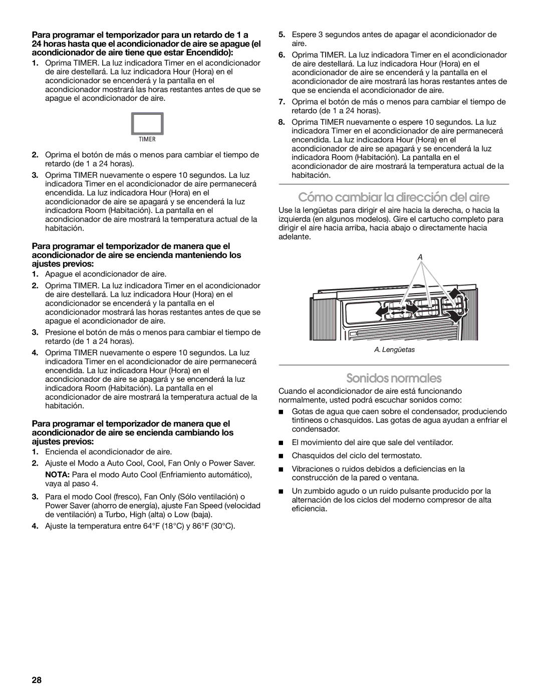 Whirlpool ACC082XR0 manual Cómo cambiar la dirección del aire, Sonidos normales 