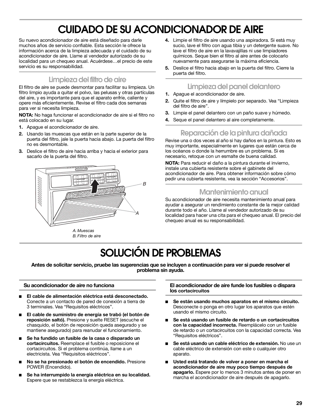 Whirlpool ACC082XR0 manual Cuidado DE SU Acondicionador DE Aire, Solución DE Problemas 