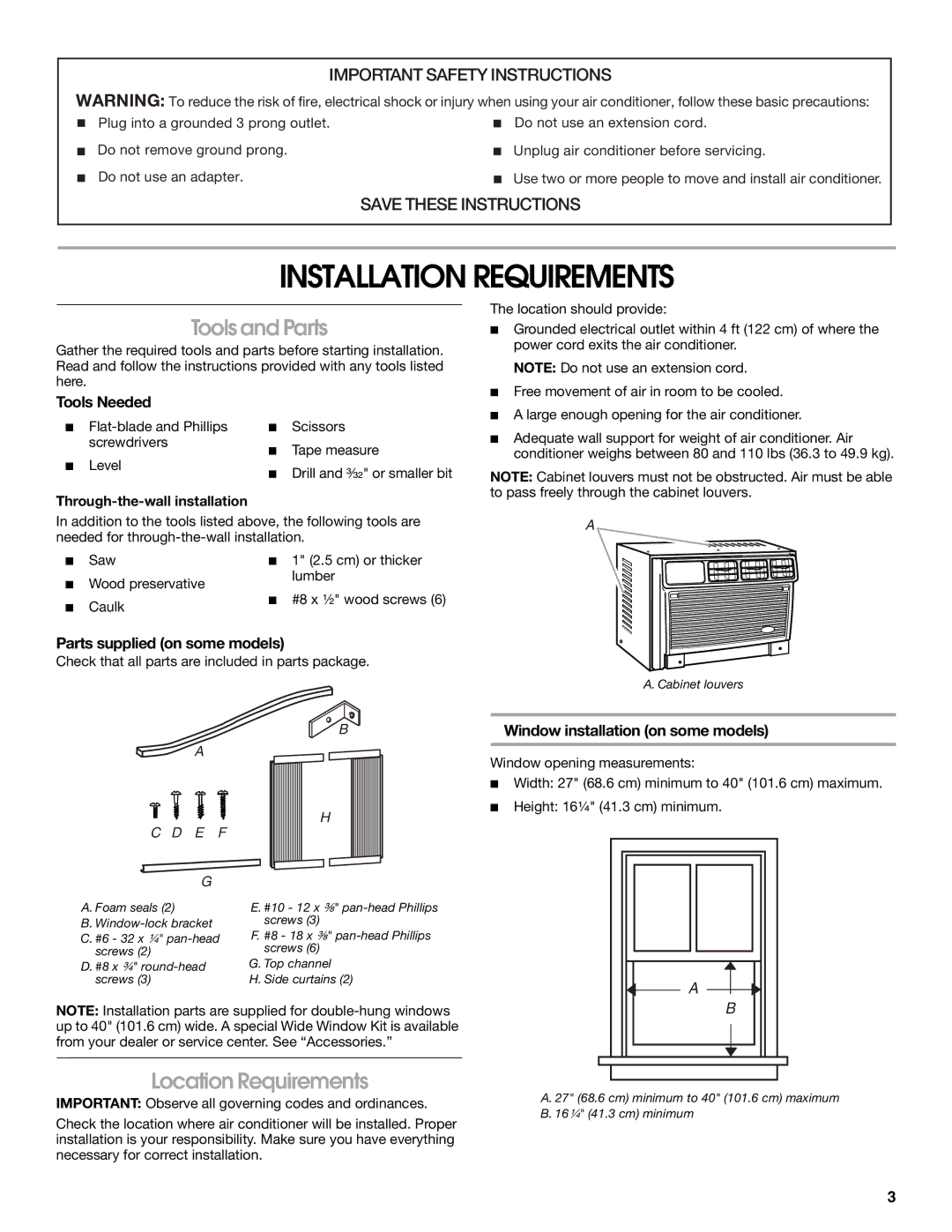 Whirlpool ACC082XR0 manual Installation Requirements, Tools and Parts, Location Requirements 