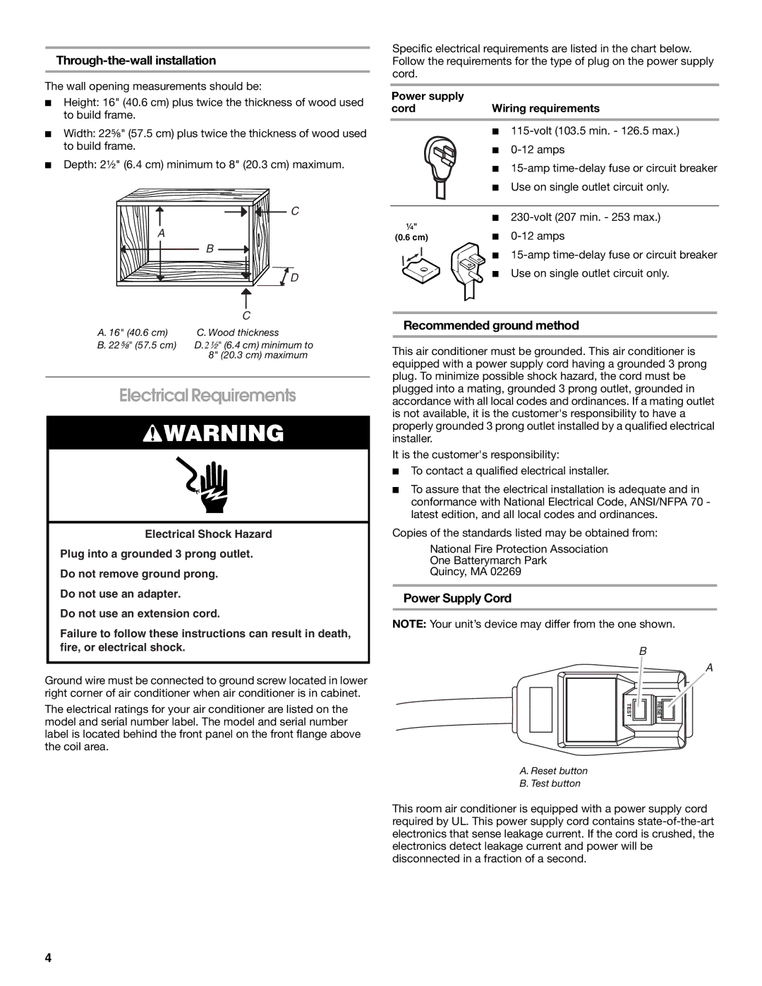 Whirlpool ACC082XR0 Electrical Requirements, Through-the-wall installation, Recommended ground method, Power Supply Cord 